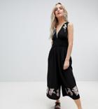 Asos Design Petite Ruched Waist Plunge Jumpsuit With Embroidery - Black