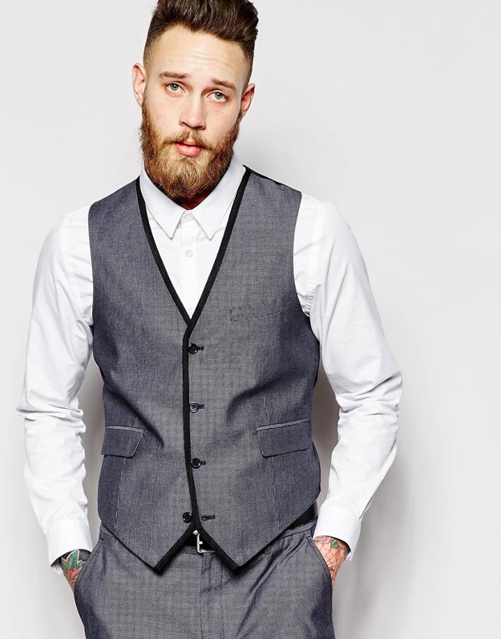 Asos Slim Fit Vest With Tipping - Gray