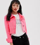 Brave Soul Petite Cropped Neon Wash Denim Jacket - Pink