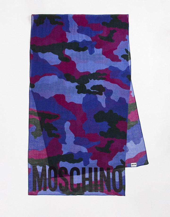 Moschino Logo Camo Print Scarf In Blue