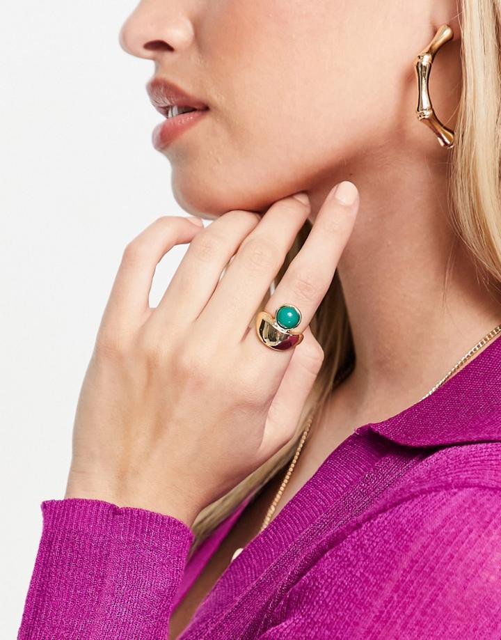 Designb London Crescent Ring With Teal Stone In Gold