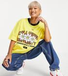 Collusion Varsitiy Ringer Flower T-shirt In Yellow
