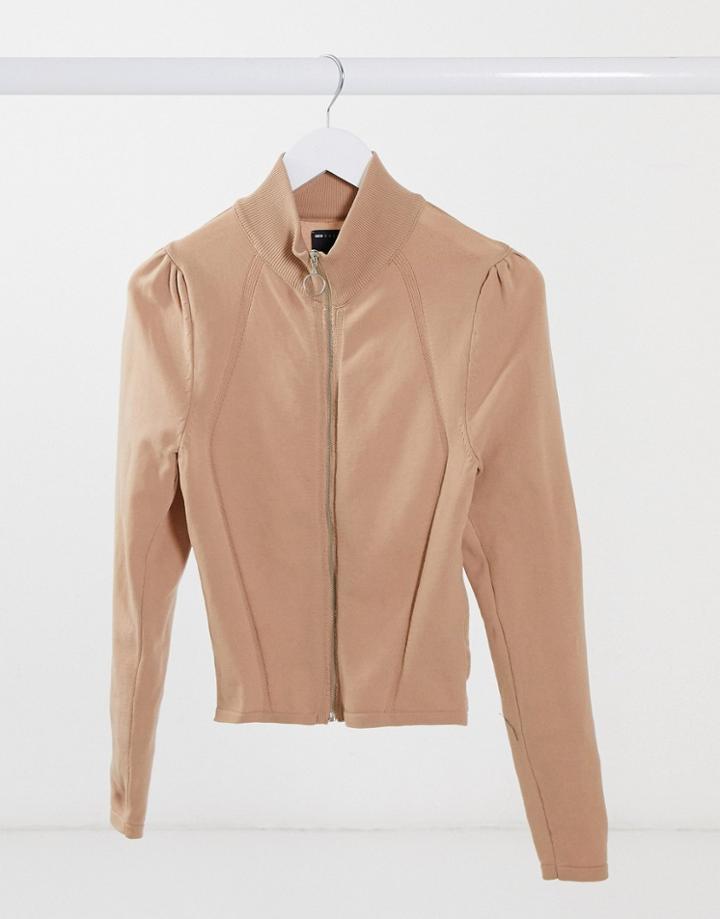 Asos Design Cardigan With Zip Through And Puff Shoulder Detail In Brown