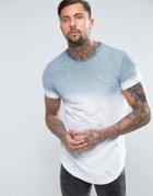 Siksilk T-shirt In Blue Fade With Curved Hem And Distressing - Navy