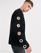 Asos Design Oversized Long Sleeve T-shirt With Eyelet Sleeves-black