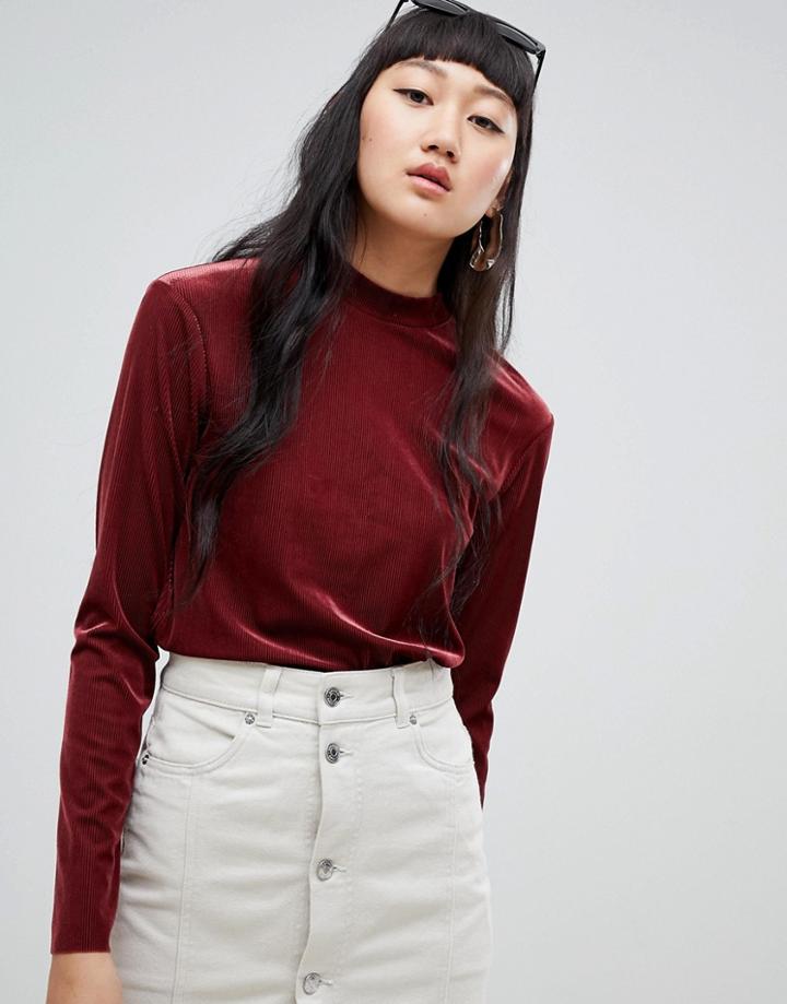 Weekday Ribbed Velvet High Neck Top In Burgundy - Red