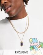 Reclaimed Vintage Inspired Multirow Necklace With Blue Stone Tag In Gold