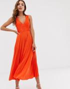 Asos Design Lace Top Midi Dress With Pleated Skirt-red