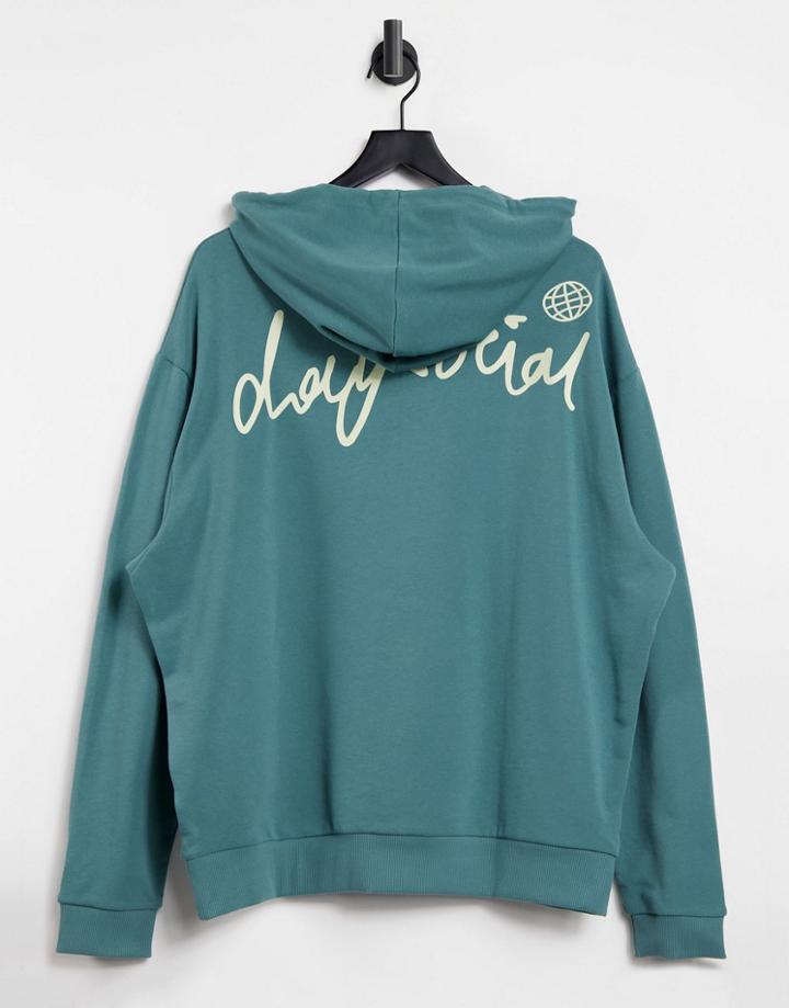 Asos Daysocial Oversized Hoodie With Back Logo Print In Green Wash