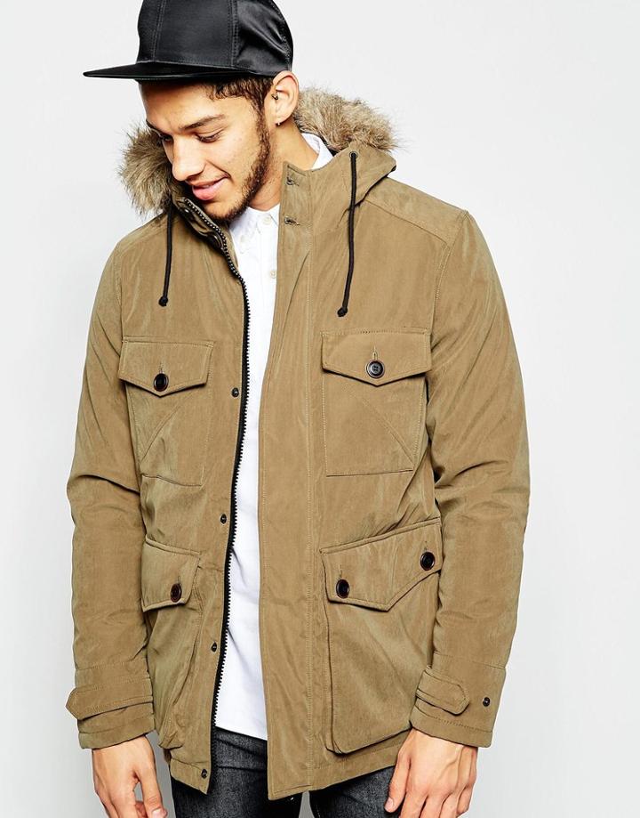 Produkt Parka With Faux Fur Hood - Khaki