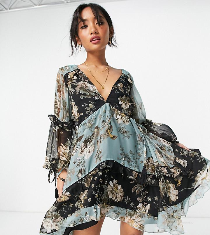 Asos Design Petite Ruched Tiered Mini Dress In Floral Print