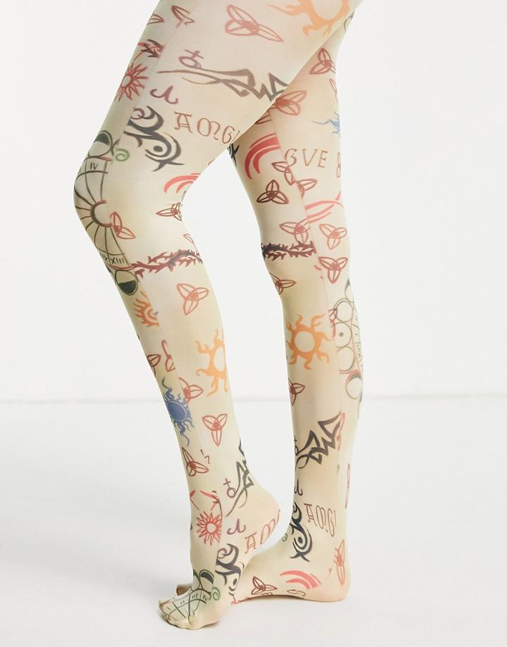 Topshop Tattoo Printed Tights-yellow