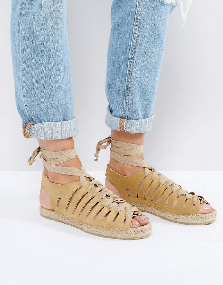 Park Lane Suede Ribbon Tie Espadrille Sandal - Beige