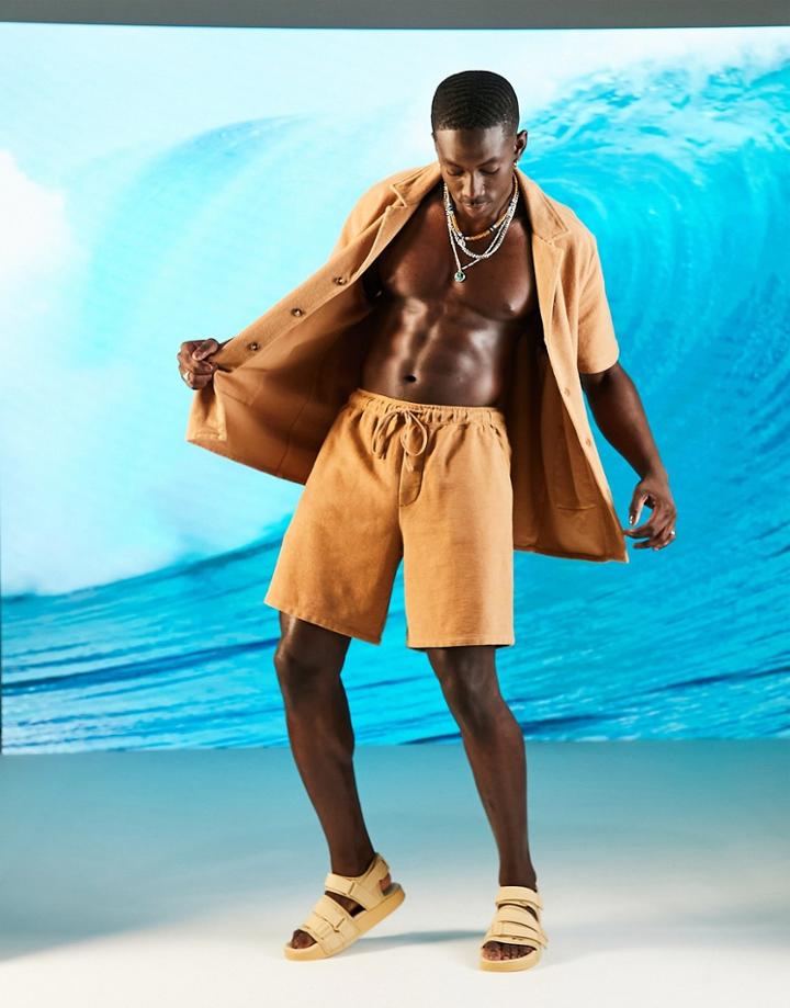Asos Design Boxy Shorts In Textured Terry In Brown - Part Of A Set