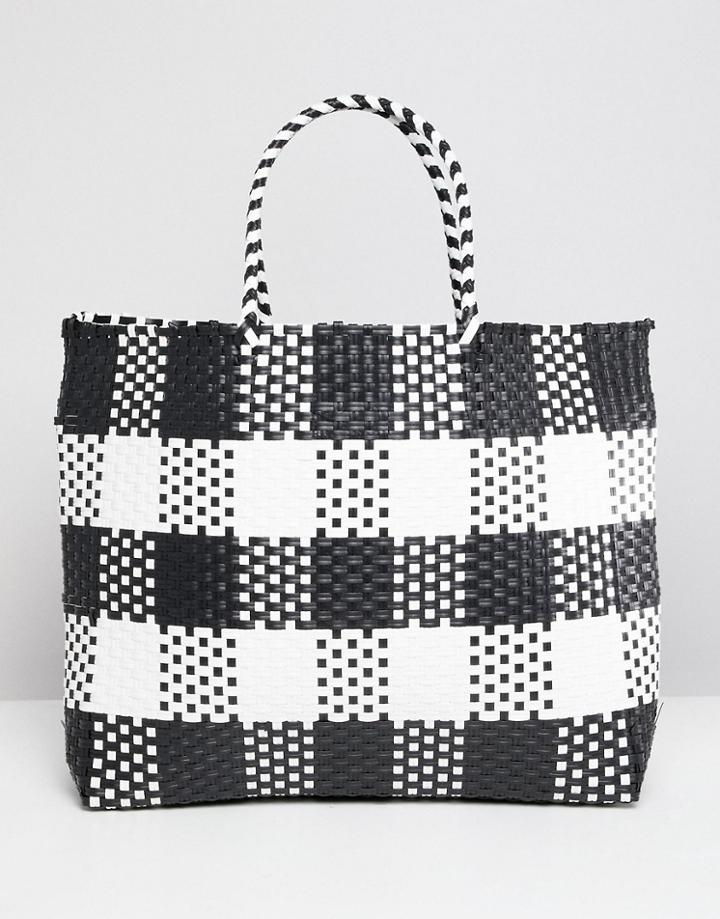 Warehouse Shopper Bag In Check - Blue