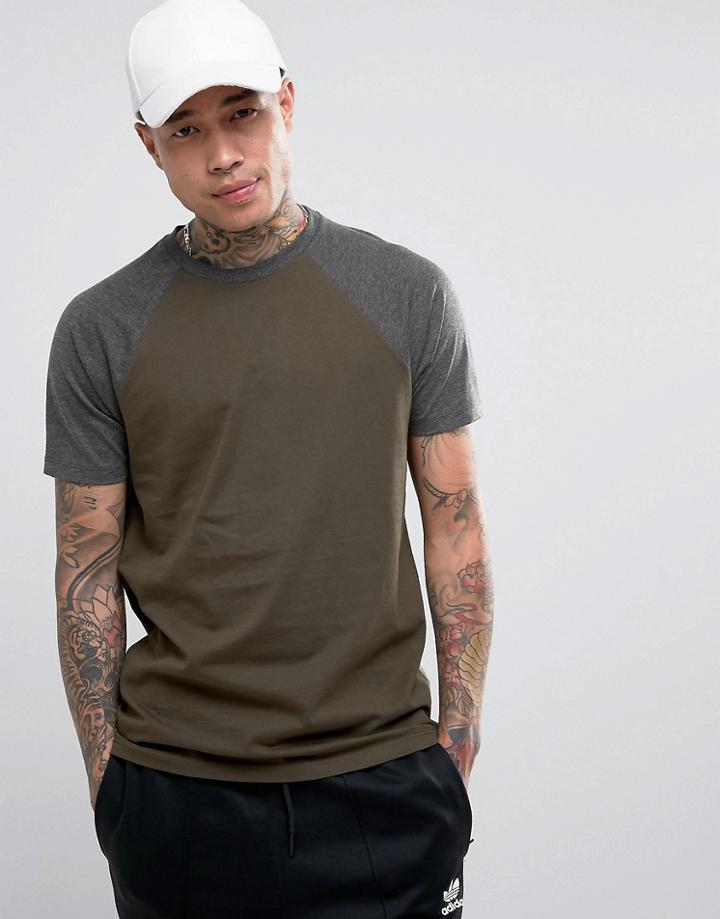 Asos T-shirt With Contrast Raglan In Green/green Marl - Green
