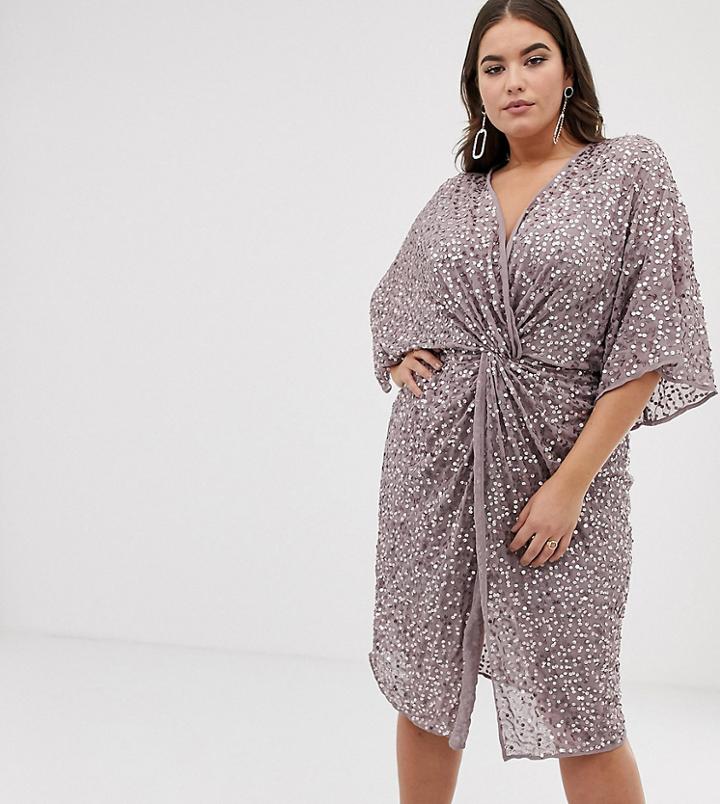 Asos Design Curve Scatter Sequin Knot Front Kimono Midi Dress-gray