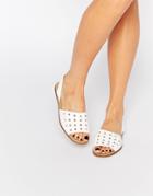 Pieces Evey White Perforated Leather Two Part Flat Sandals - Bright White