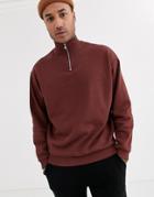 Asos Design Oversized Sweatshirt In Brown With Half Zip