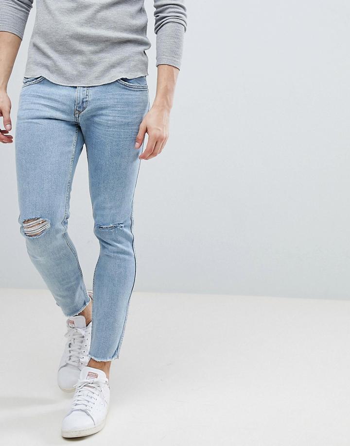Mango Man Skinny Jeans With Knee Rips In Mid Wash Blue - Blue