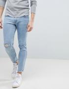 Mango Man Skinny Jeans With Knee Rips In Mid Wash Blue - Blue