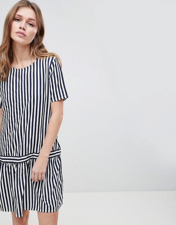 Ichi Drop Waist Stripe Dress - Navy