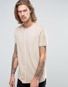 Asos Longline T-shirt With Pigment Wash And Raw Seams In Beige - Beige