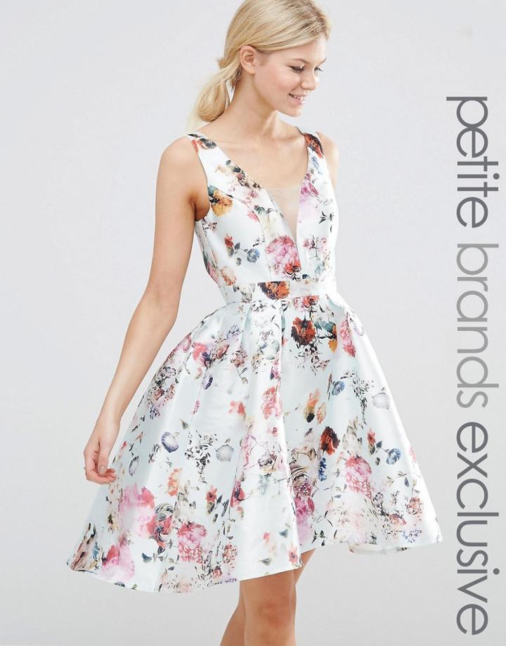 Chi Chi London Petite Plunge Front High Low Skater Dress In Allover Floral Print - Gray Floral