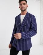 Asos Design Slim Soft Tailored Double Breasted Blazer In Navy Stripe