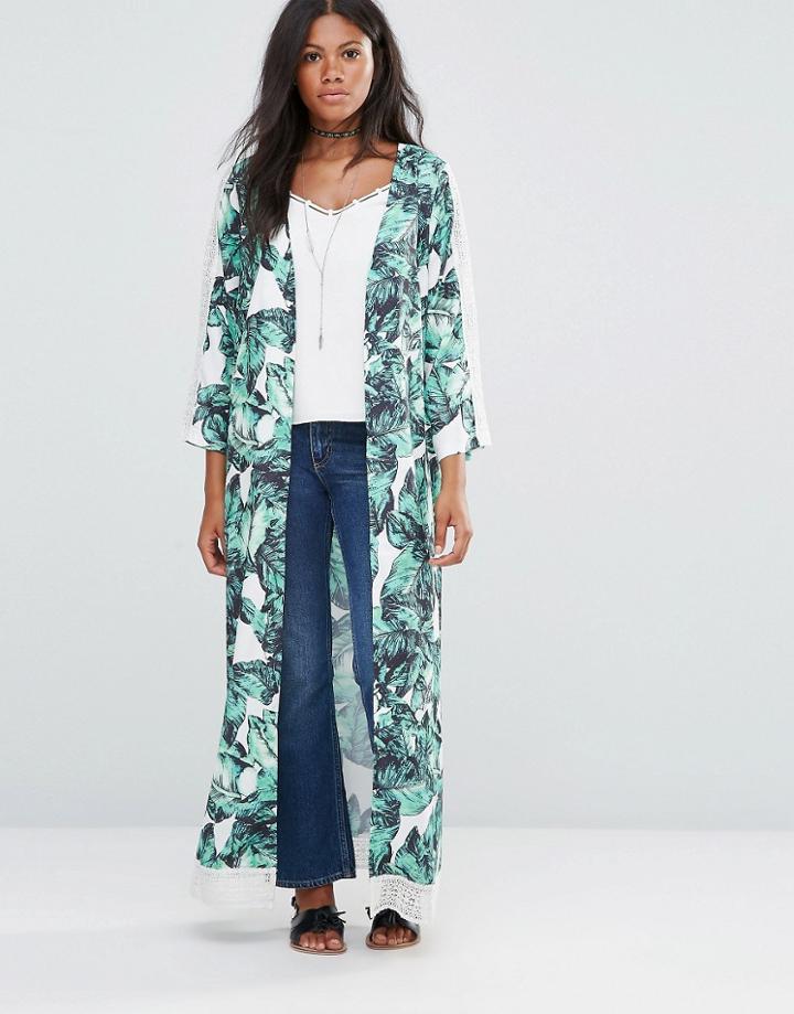 Amy Lynn Tropical Leaf Print Maxi Kimono - Floral Print