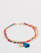 Asos Design Curve Multirow Anklet With Multicolor Beads And Faux Shell Tassel Charms In Gold Tone - Gold