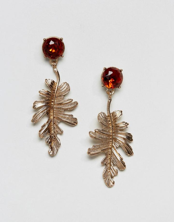 Asos Leaf Drop Jewel Stone Earrings - Gold