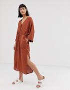 Weekday Smock Button Front Dress In Rust - Red