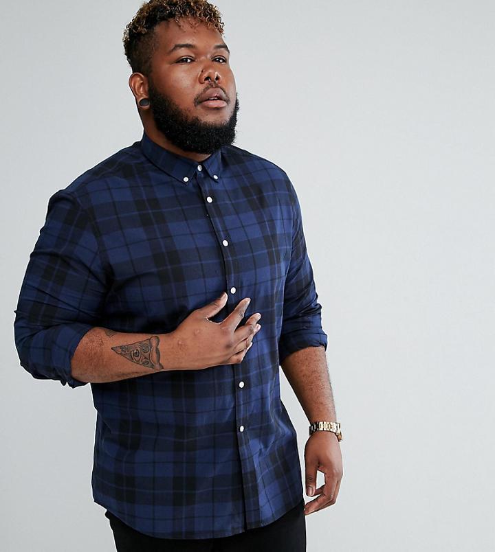 Asos Plus Stretch Slim Poplin Check Shirt In Blue - Blue
