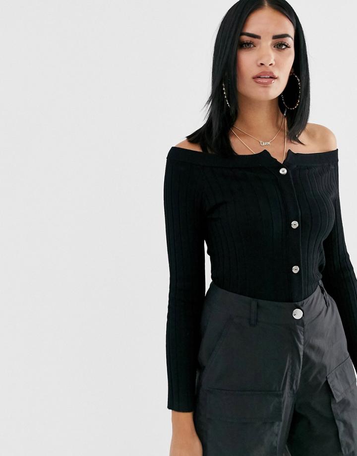 Asos Design Off Shoulder Knotch Detail Cardigan In Rib-black