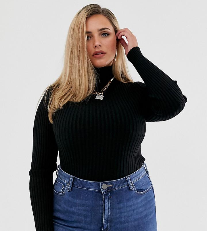 Asos Design Curve Roll Neck Sweater In Fine Knit Rib-black