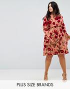 Club L Plus Peach Red Rose Floral Dress With Flute Sleeve - Multi