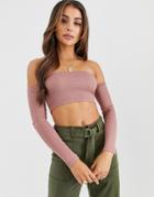 Asos Design Long Sleeve Off Shoulder Rib Super Crop Top In Tobacco-brown