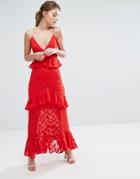 Dark Pink Burn Out Leaf Maxi Dress With Ruffle Detail - Red