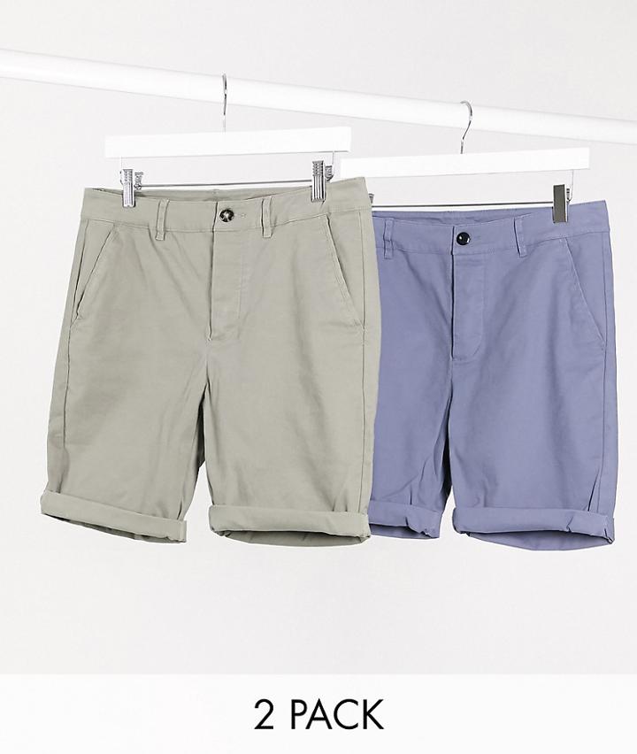 Asos Design 2 Pack Super Skinny Chino Shorts In Khaki & Blue Save-multi
