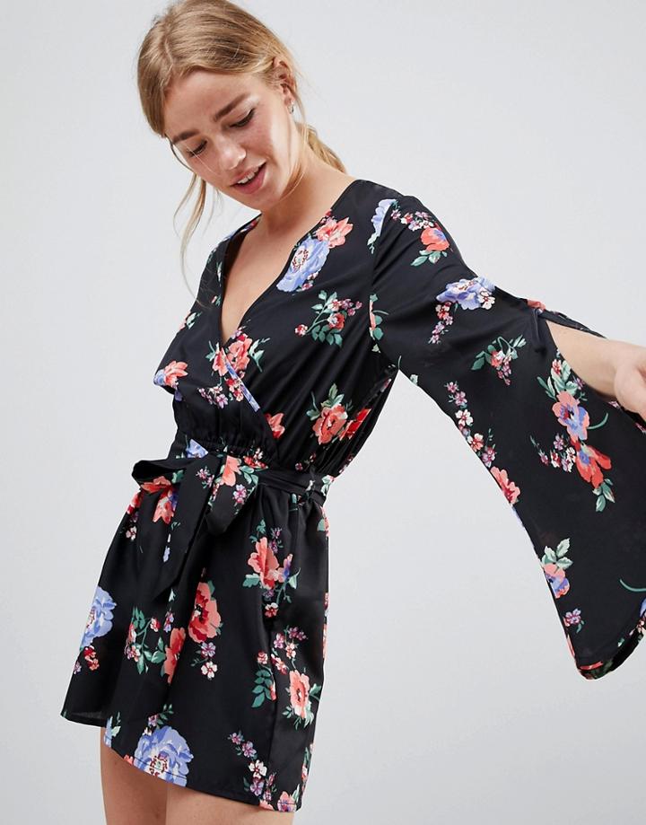 Influence Floral Romper With Split Sleeve - Black