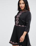 Asos Curve Premium Pretty Folk Embroidered Skater Dress - Black