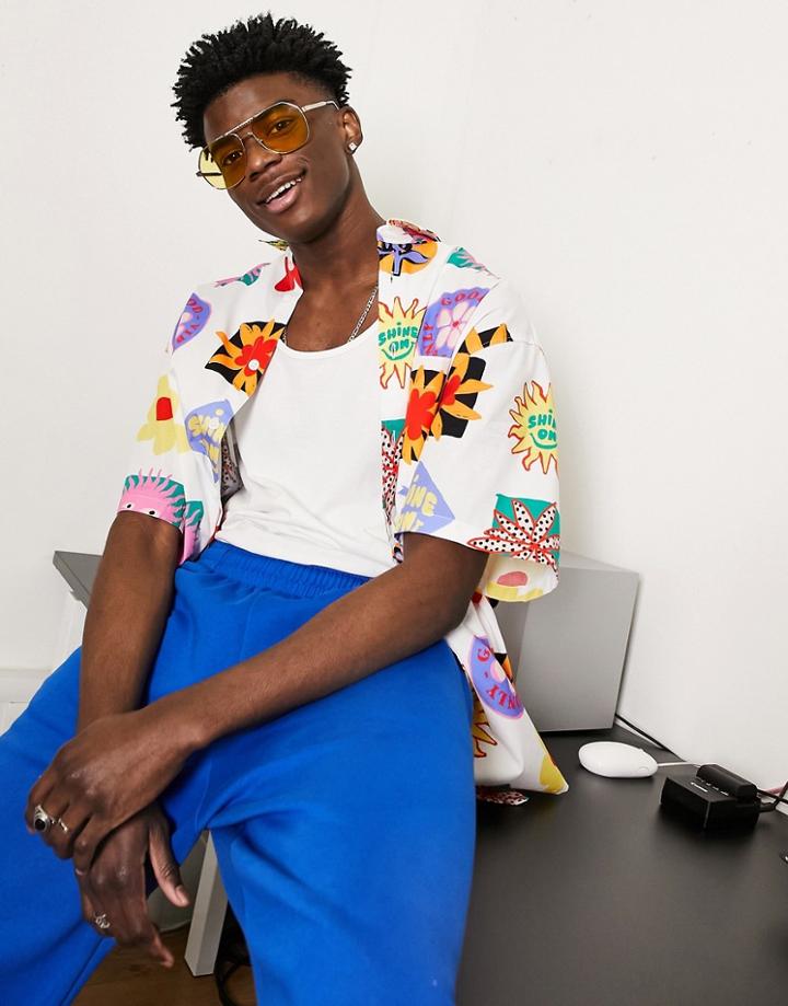 Asos Design Boxy Oversized Shirt With Bright Print-white