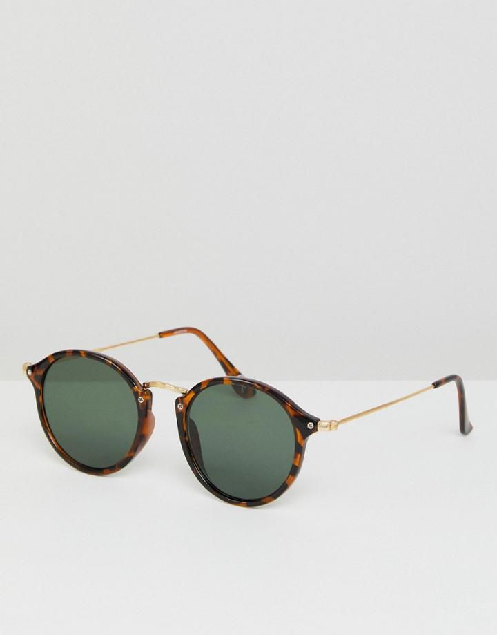 Asos Round Sunglasses In Crystal Brown Tort With Green Lens - Brown