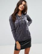 Brave Soul Rosheen Velour Hoody With Lace Up Detail - Gray