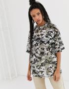 Asos Design Oversized Mesh T-shirt In Camo - Green