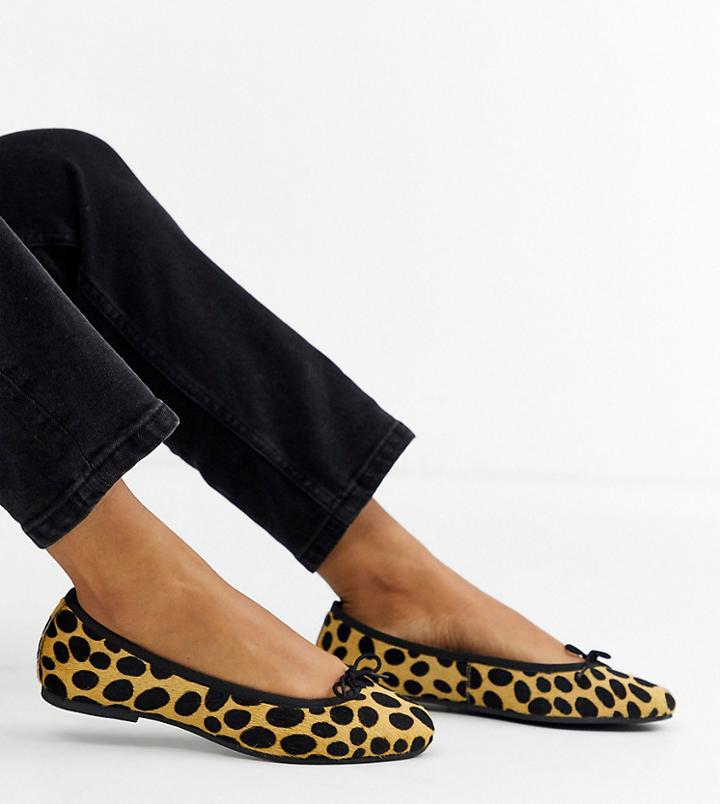 Asos Design Wide Fit Lenor Bow Ballet Flats In Leopard Pony-multi