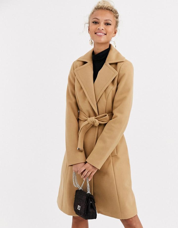 Lipsy Wool Blend Tie Coat In Camel