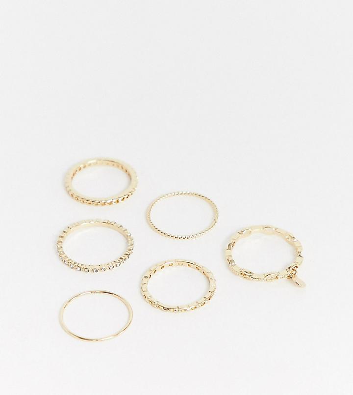 Asos Design Curve Pack Of 6 Rings In Open Chain Design With Coin Charm In Gold