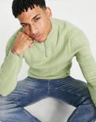 Asos Design Lightweight Cable Knit Half Zip Sweater In Pale Green